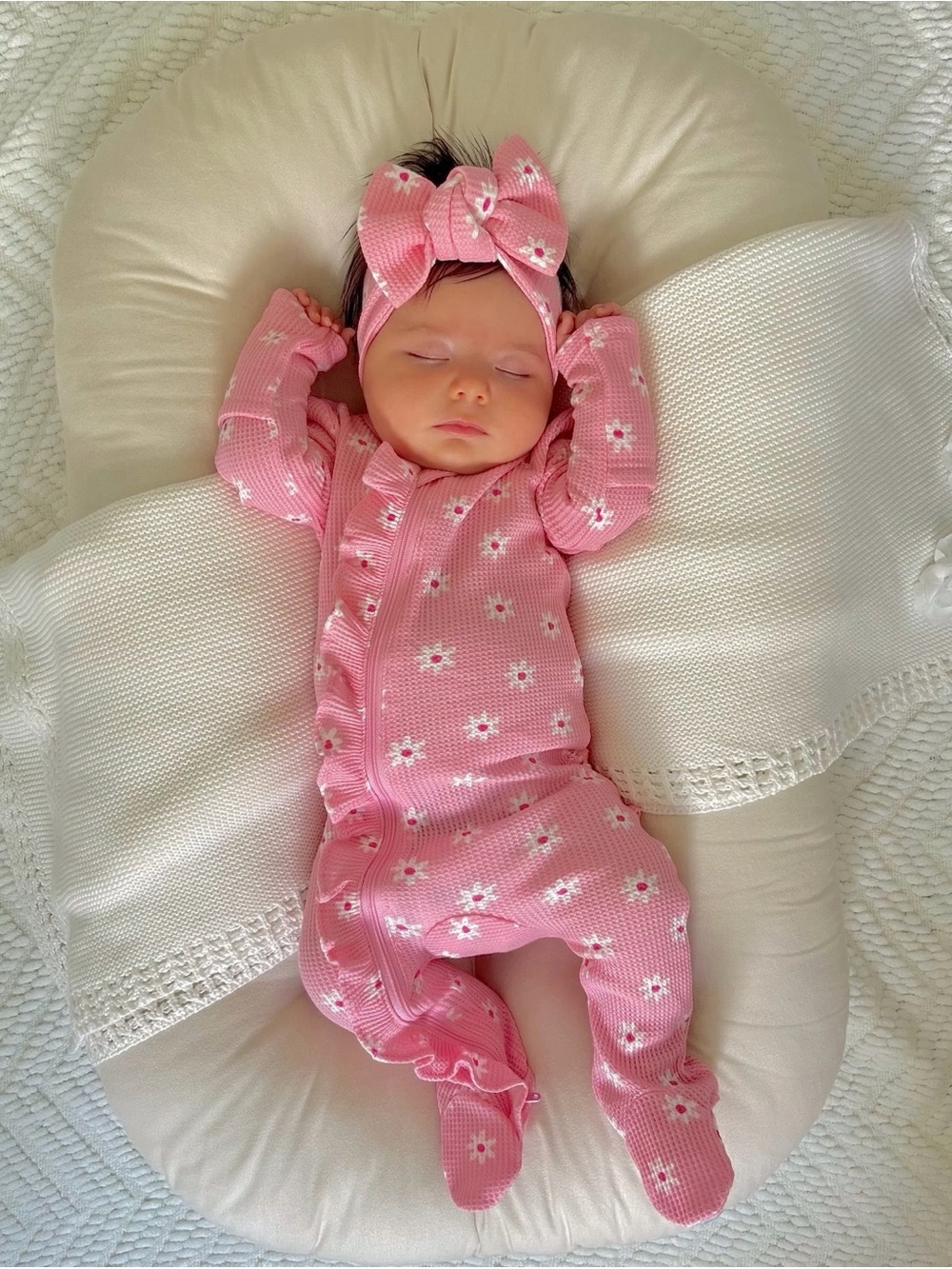 Ruffle Spearmint Love organic WafflePink Flower w/knot Bow Baby Footie newborn